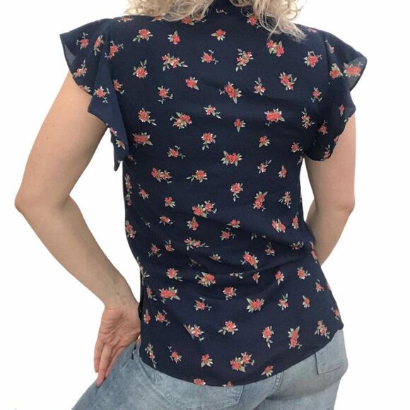 NWT Zara XS Navy Sheer Retro Coquette Neck Tie BOW Ruffle Cottagecore Blouse - Picture 12 of 13